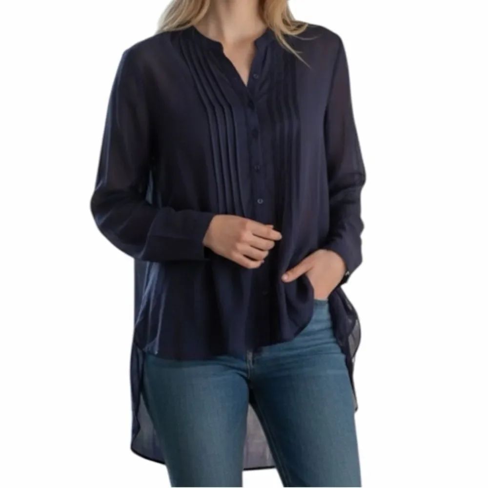Free People Navy Blue Sheer Lightweight Button Down Top(Size Small)